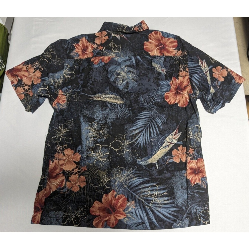 REEL LEGENDS Floral Swordfish Print Men Large Black Cotton Blend Hawaiian Shirt - Picture 12 of 15